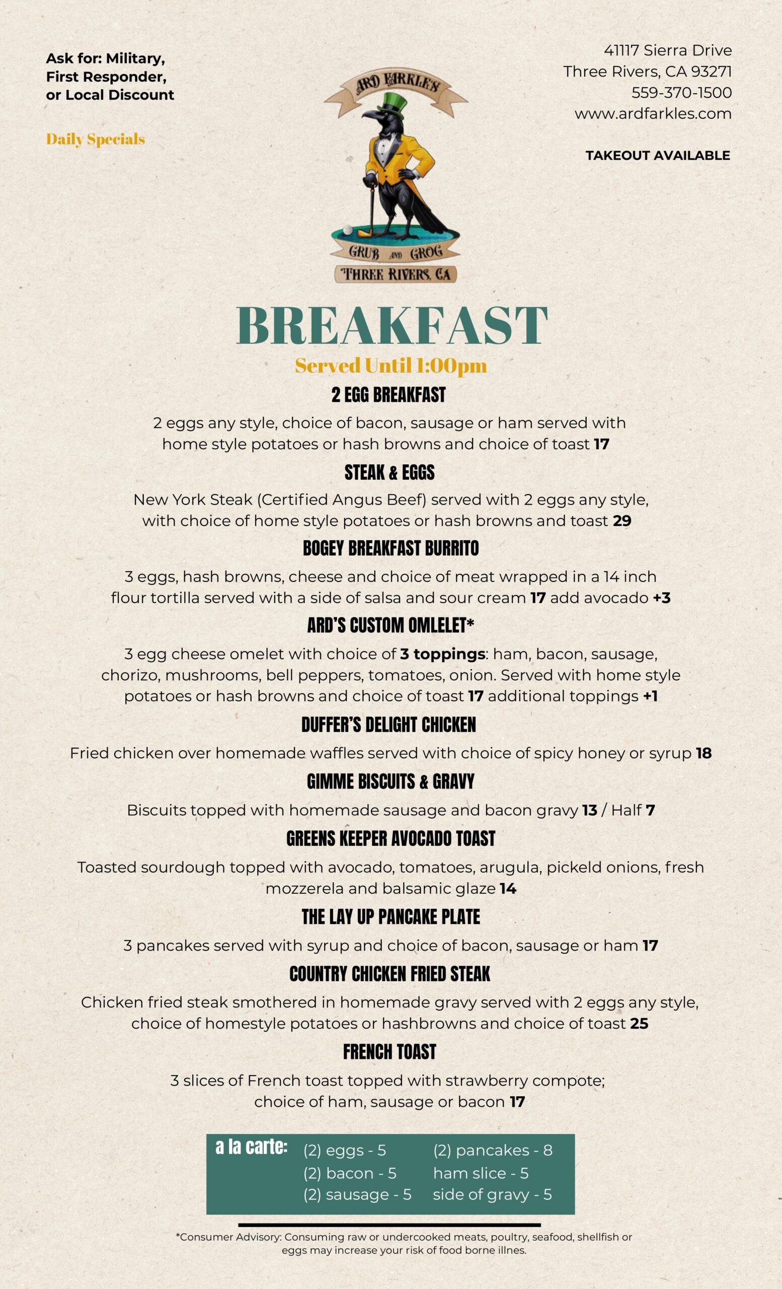 Breakfast menu for Ard Farkles Grub and Grog at Three Rivers Golf Course