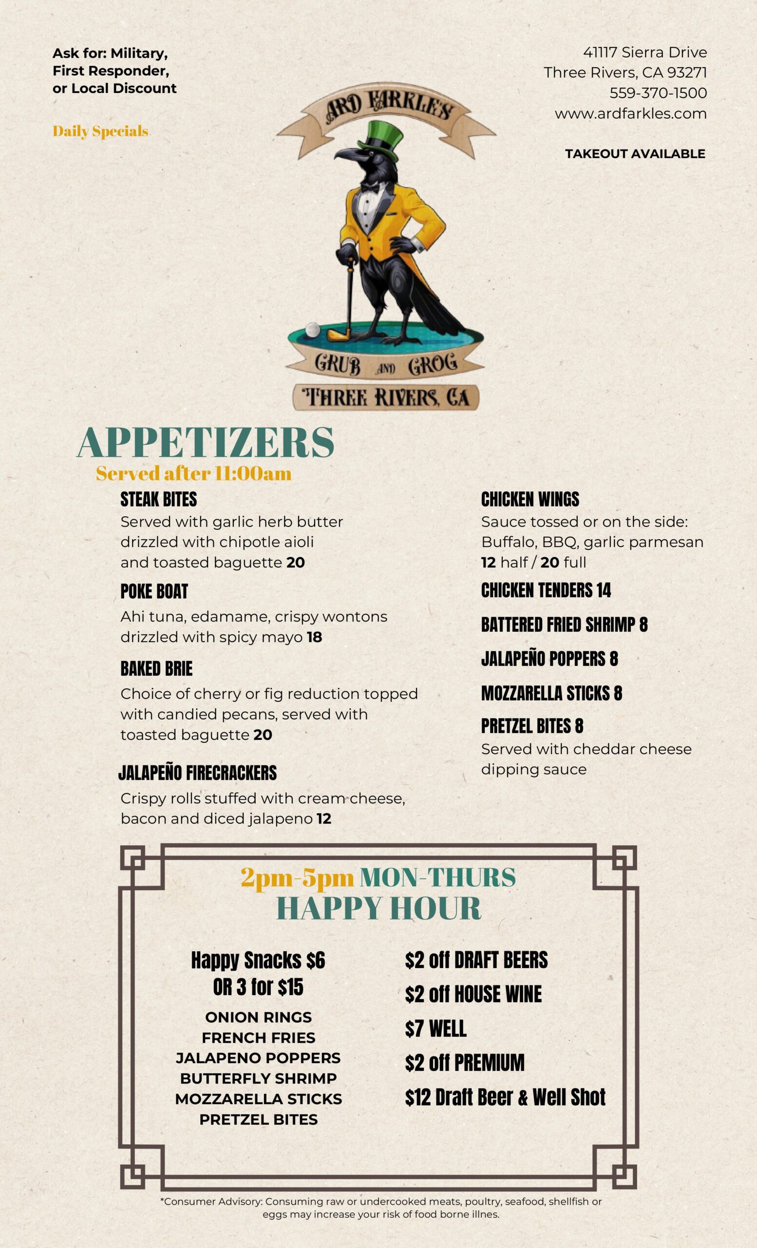 Appetizer and happy hour menu for Ard Farkles Grub and Grog at Three Rivers Golf Course