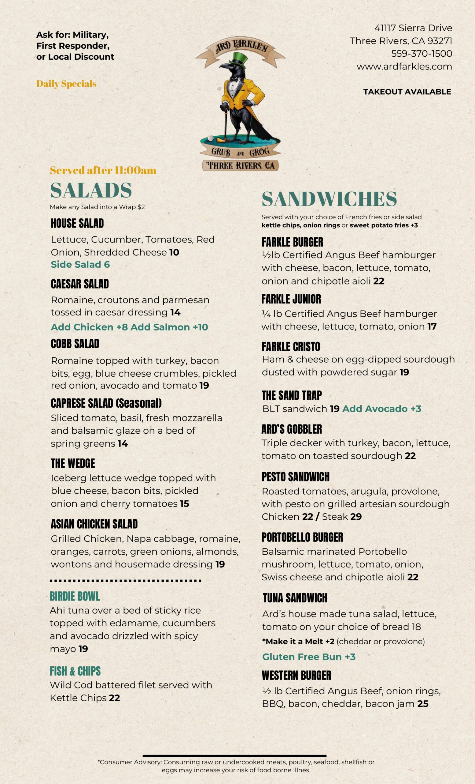 Salads and sandwiches menu for Ard Farkles Grub and Grog at Three Rivers Golf Course