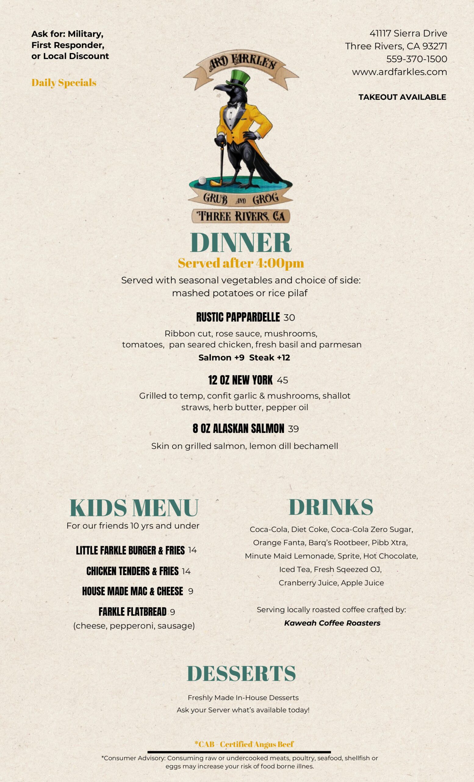 Dinner menu for Ard Farkles Grub and Grog at Three Rivers Golf Course